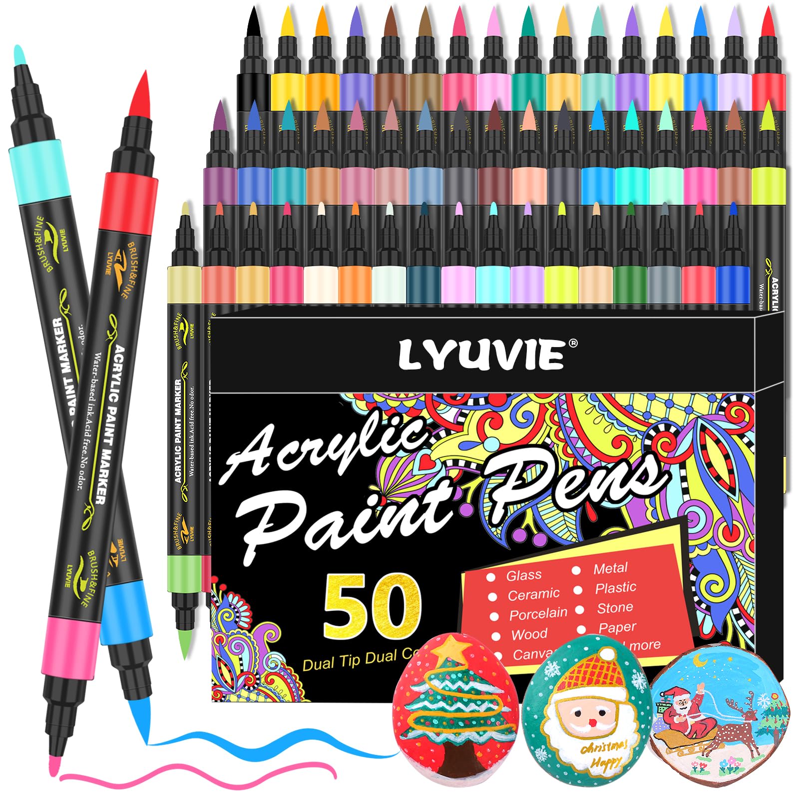 Lyuvie 100 Colours Dual Tip Acrylic Paint Pens Set for Rock Painting