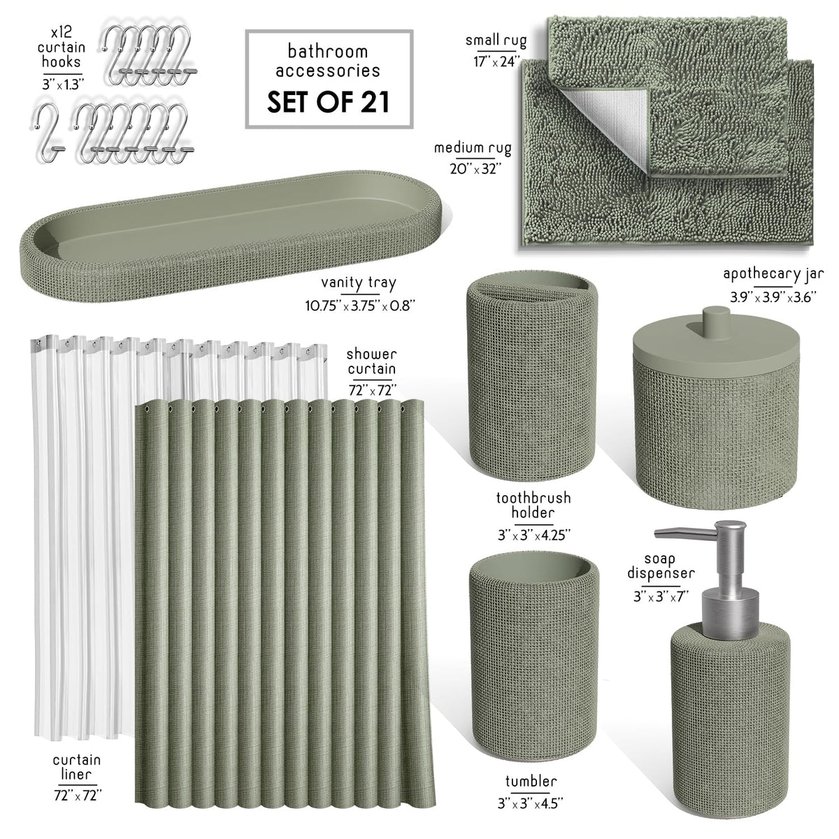 Clara Clark Sage Green Bathroom Set - Bathroom Sets with Shower Curtain and Rugs, 21PC Bathroom Accessory Set - image 2