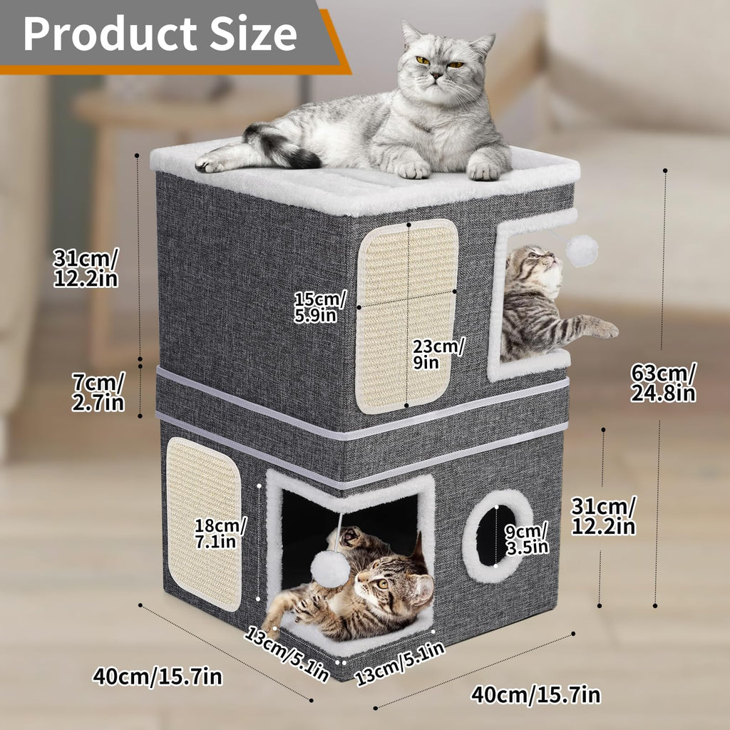 Shikha 3-Storey Foldable Cat House | 2-in-1 Indoor Condo with Scratch Pads