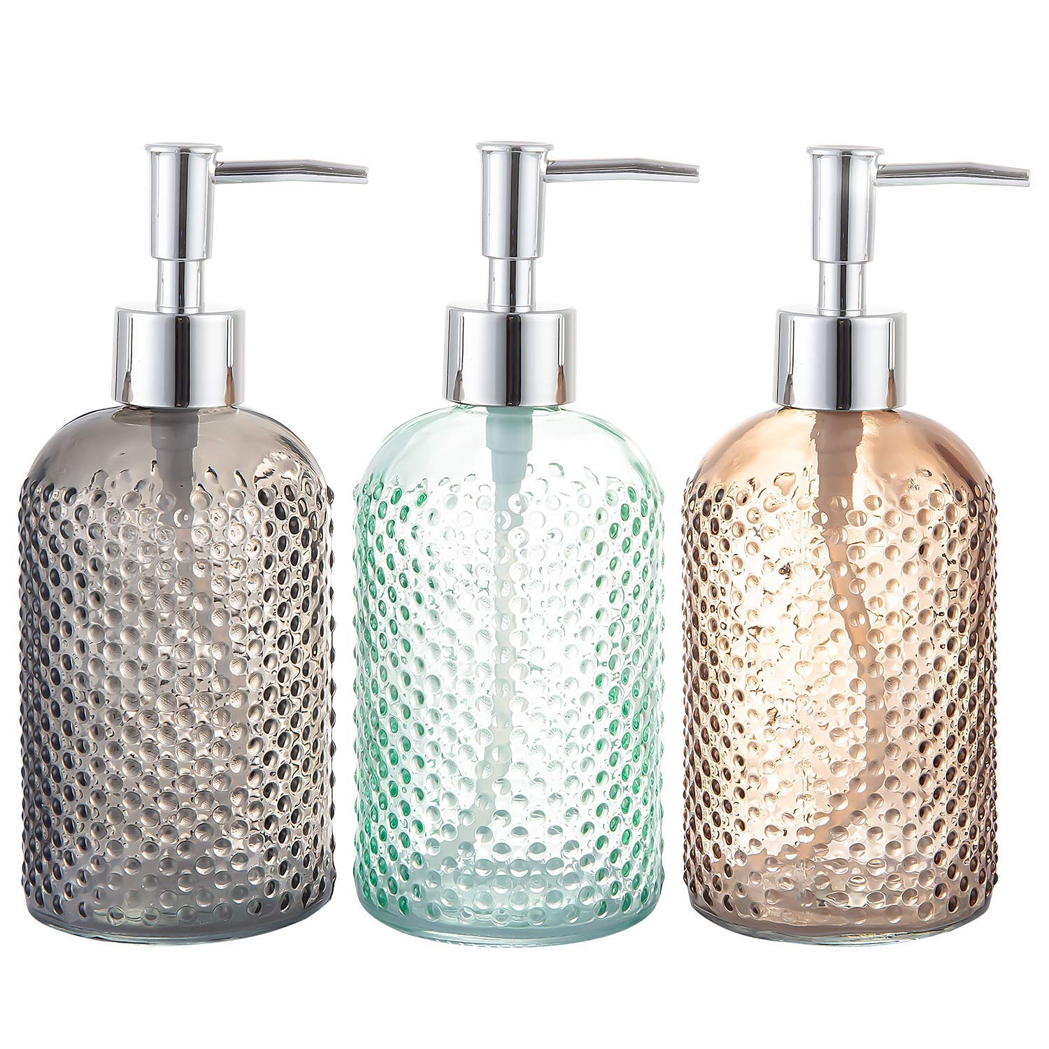 Cutiset Glass Soap Dispenser 3-Pack | 15oz Refillable Lotion Pump Bottles