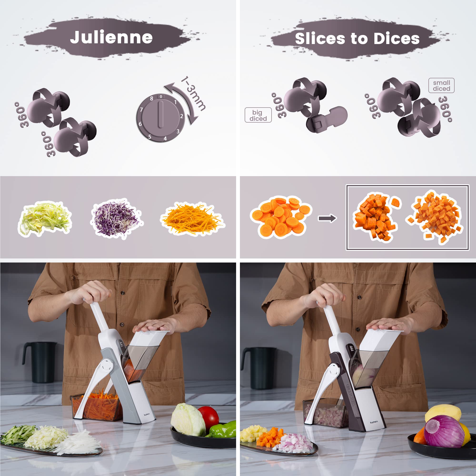 SUPMAKIN Safe Mandoline Slicer – 4 Mode Vegetable Chopper & Dicer