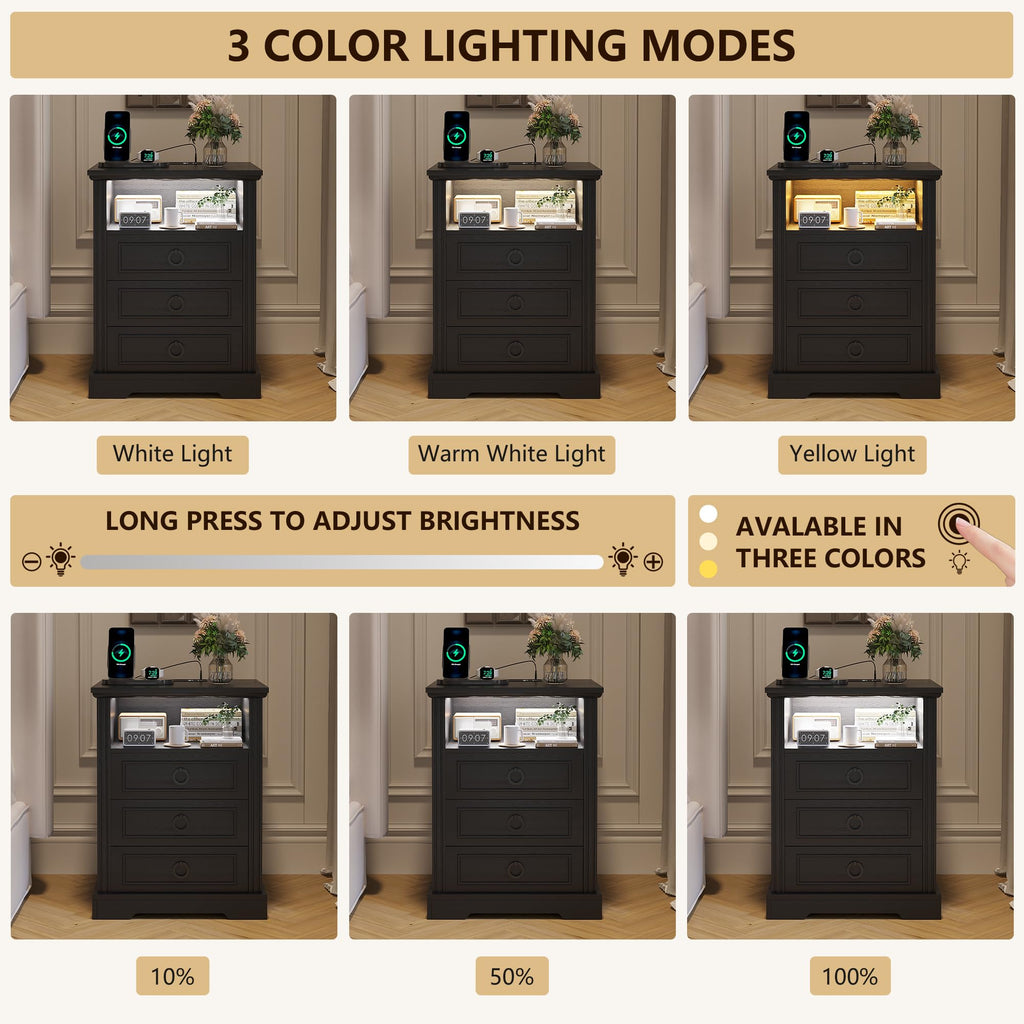 FREDEES LED Bedside Table with Charging Station, Black - image 3