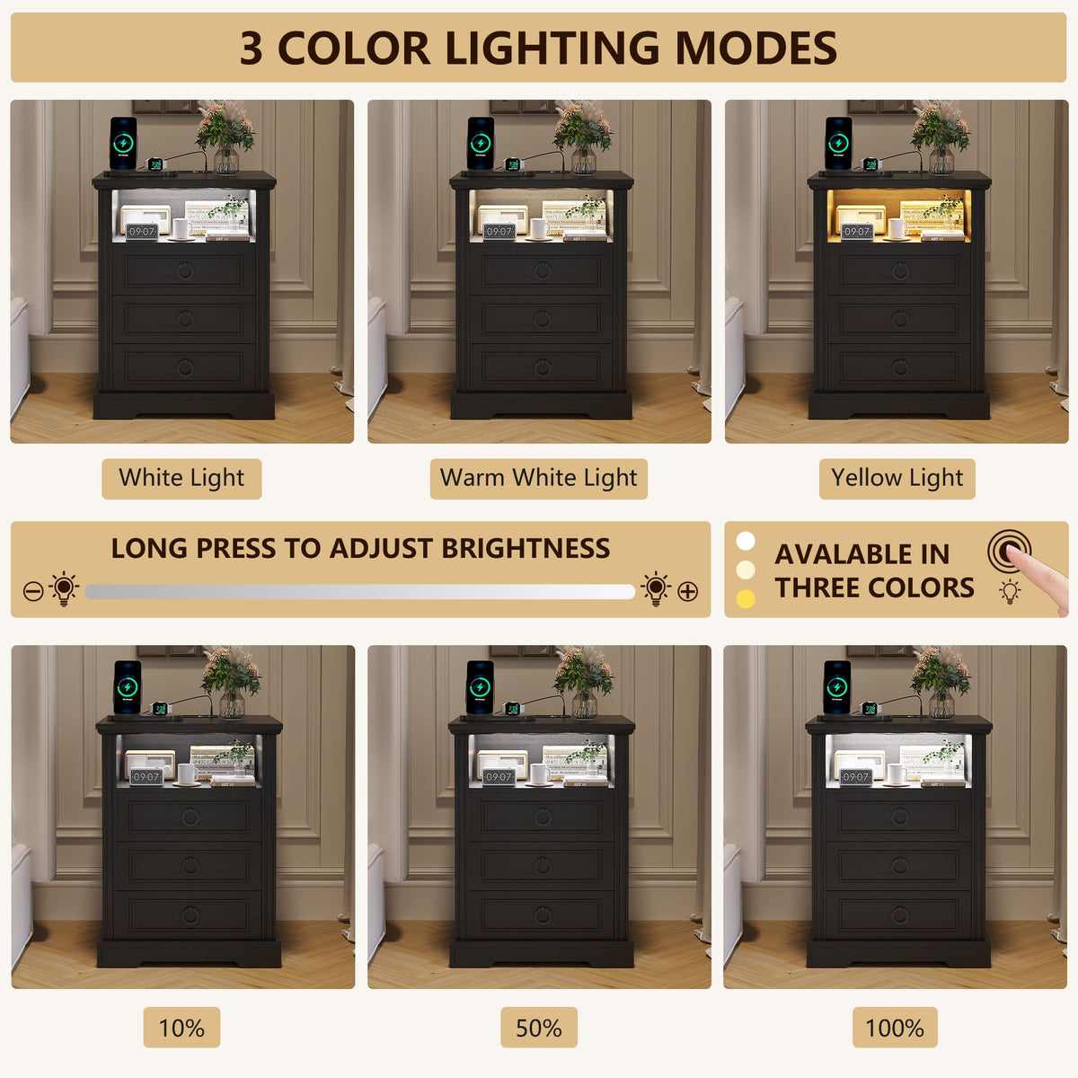 FREDEES LED Bedside Table with Charging Station, Black - image 3