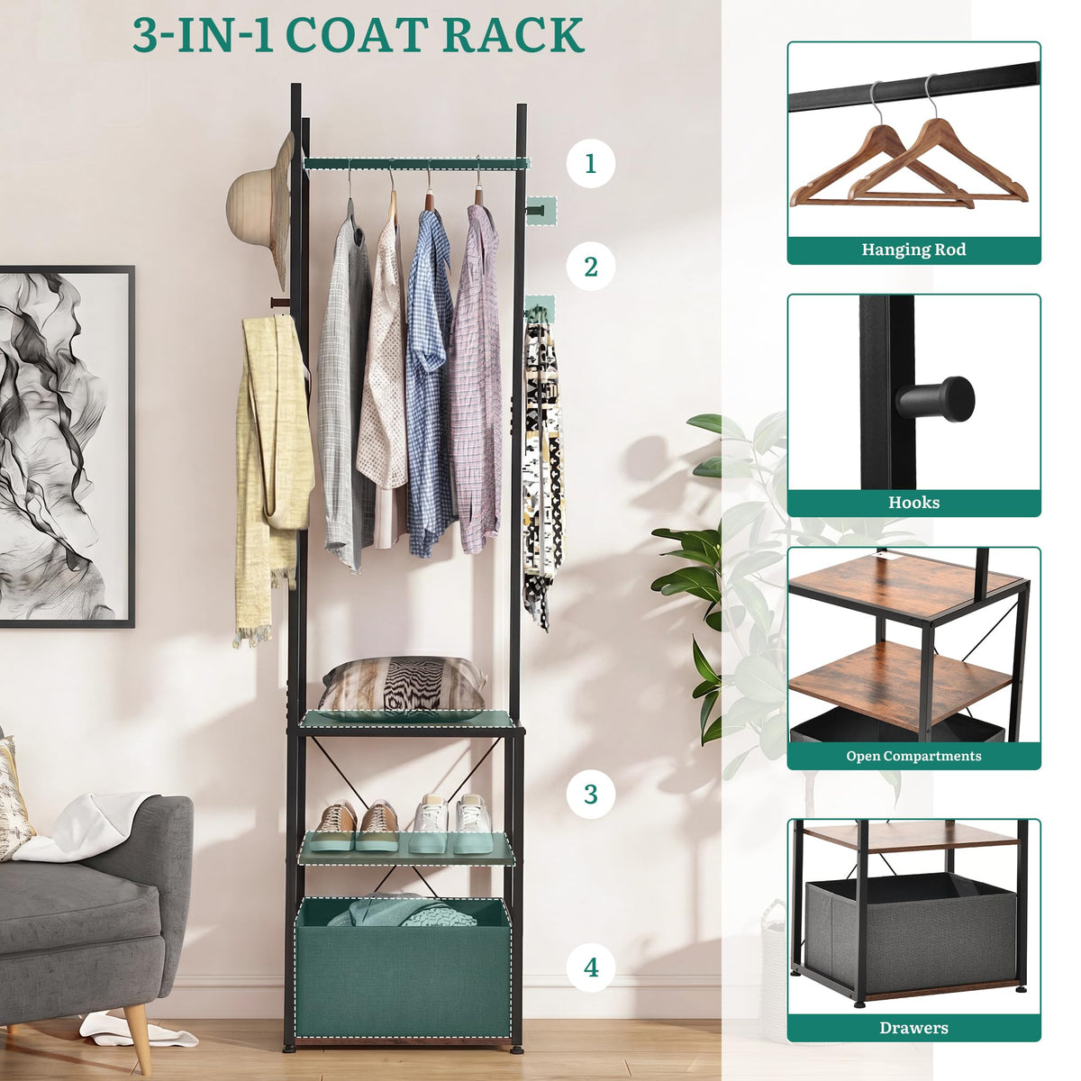 YITAHOME Coat Stand, Clothes Rack Hall Tree with Shelves & Hooks, Brown - image 4