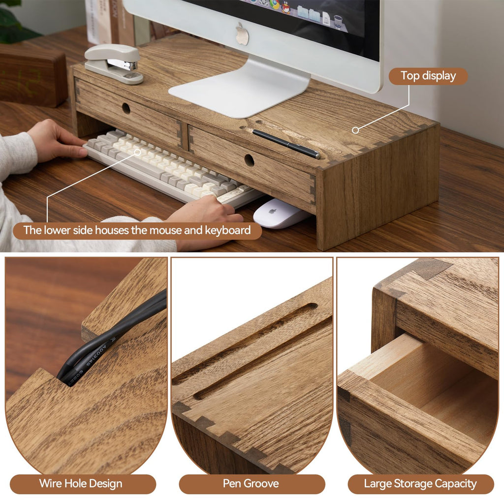 KIRIGEN Solid Wood Monitor Stand with 2 Drawers – Dark Brown Desk Riser