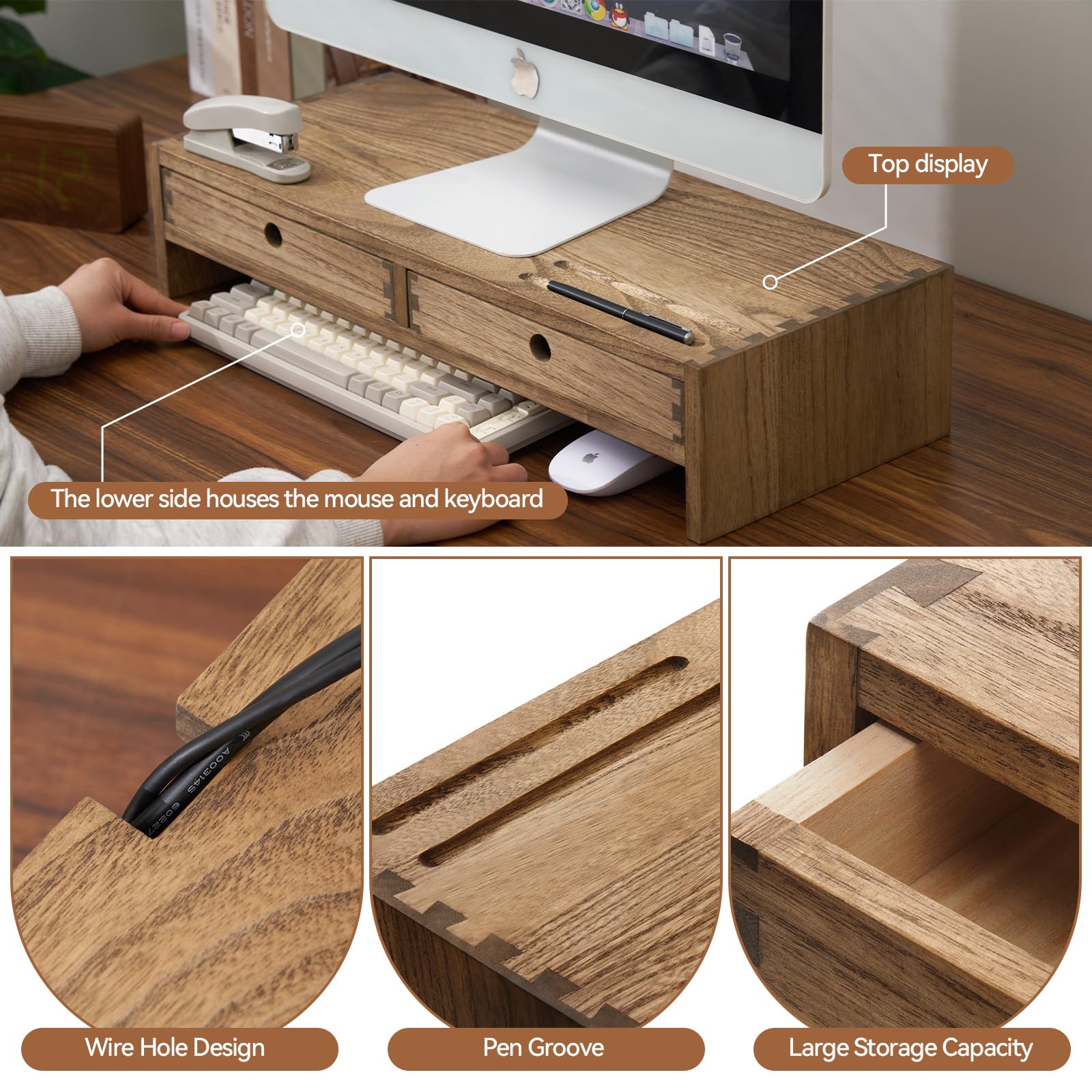 KIRIGEN Solid Wood Monitor Stand with 2 Drawers – Dark Brown Desk Riser