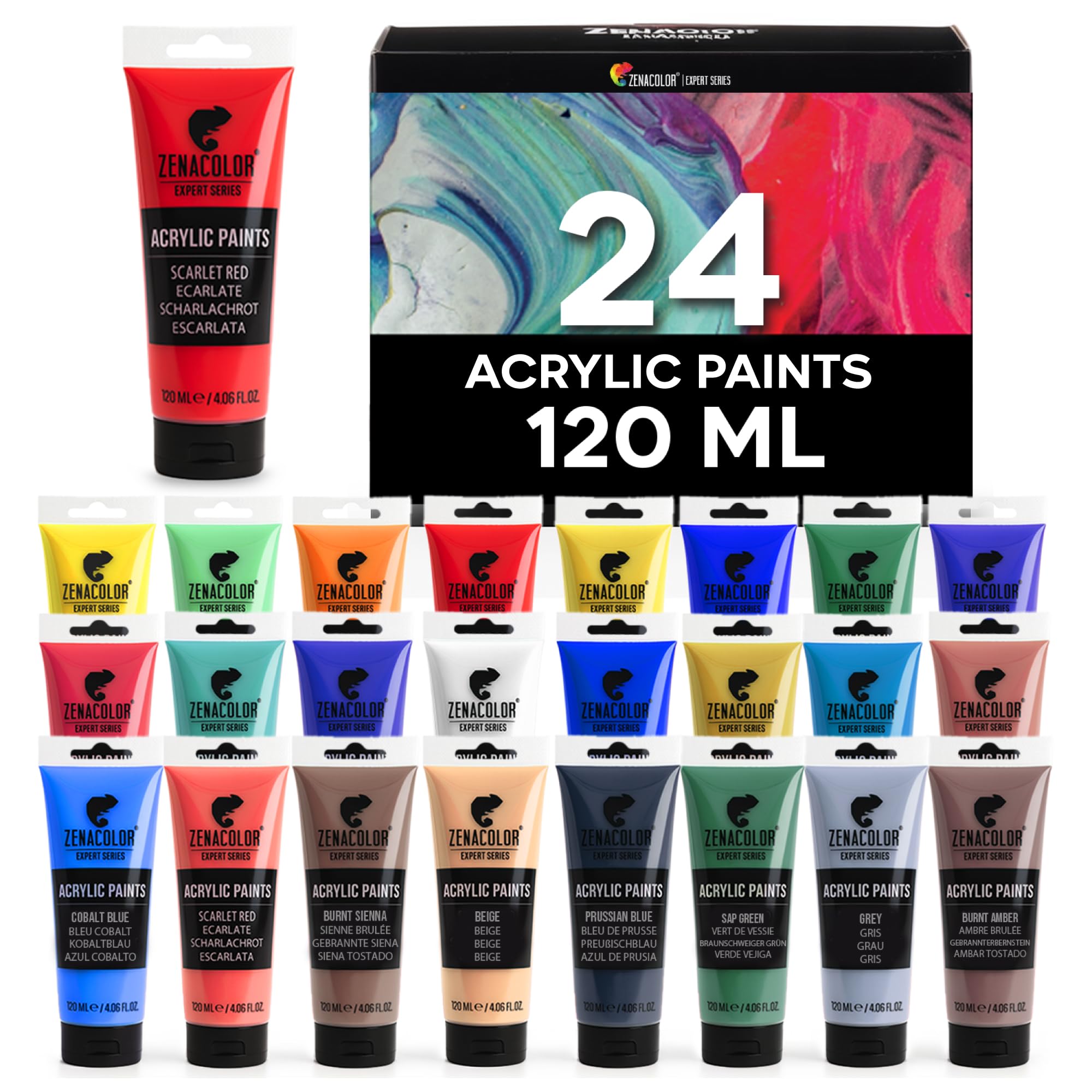 Zenacolor Acrylic Paint Set - 24 x 120ml Tubes for Canvas and Wood
