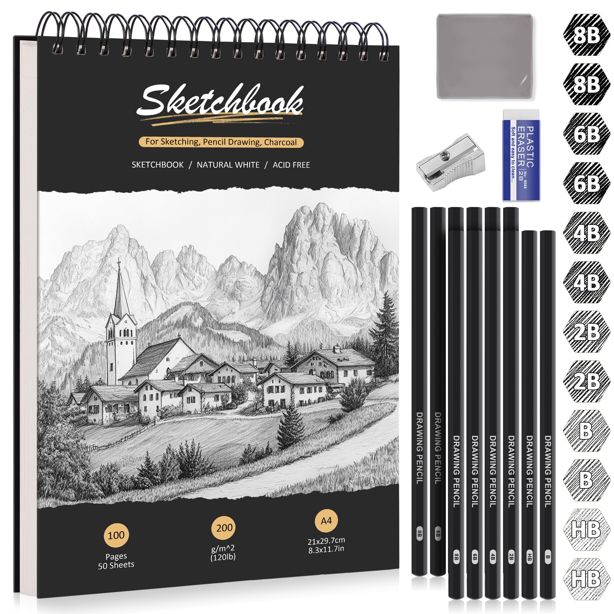 DazSpirit A4 Hardcover Sketchbook | 200gsm Paper & 12 Sketch Pencils Set