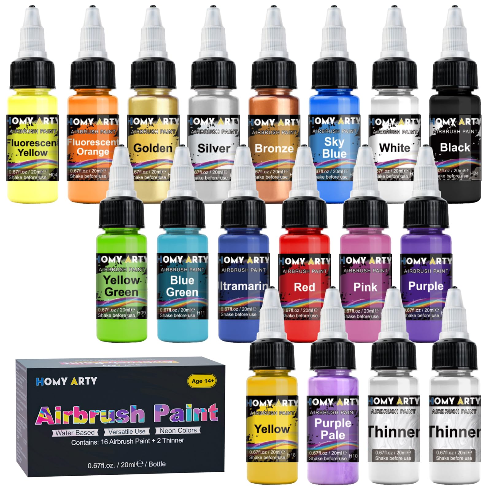 HOMY ARTY Airbrush Paint Set - 16 Colors Water-Based Acrylic with 2 Thinners