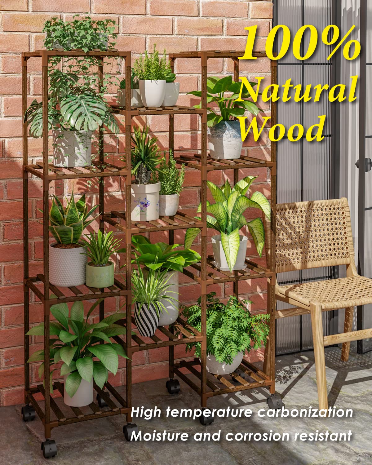 Bamworld Rolling Wood Plant Stand – 11 Pots Large Indoor Outdoor Shelf