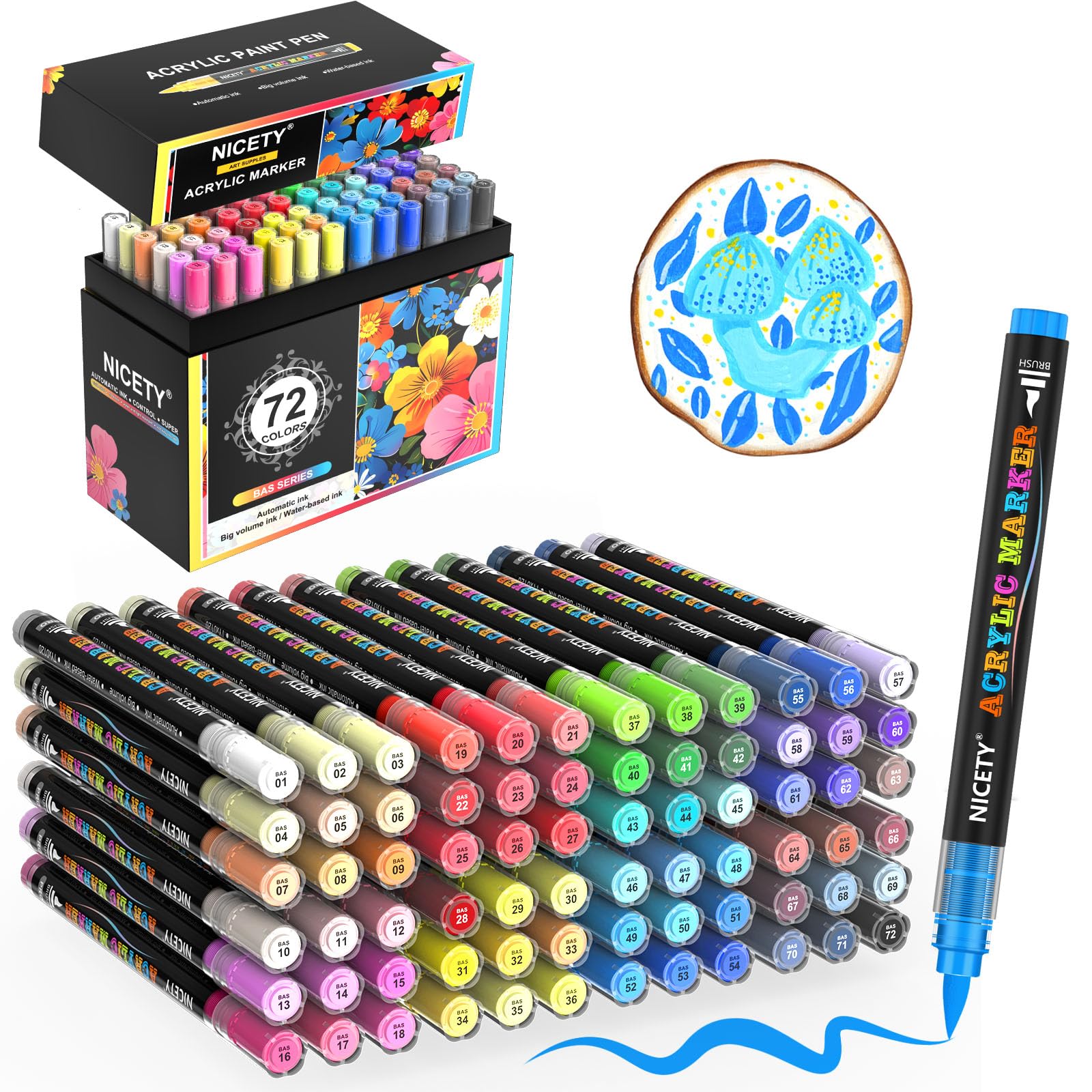Nicety 72 Colors Acrylic Paint Pens | Brush Tip Markers for Rock Painting