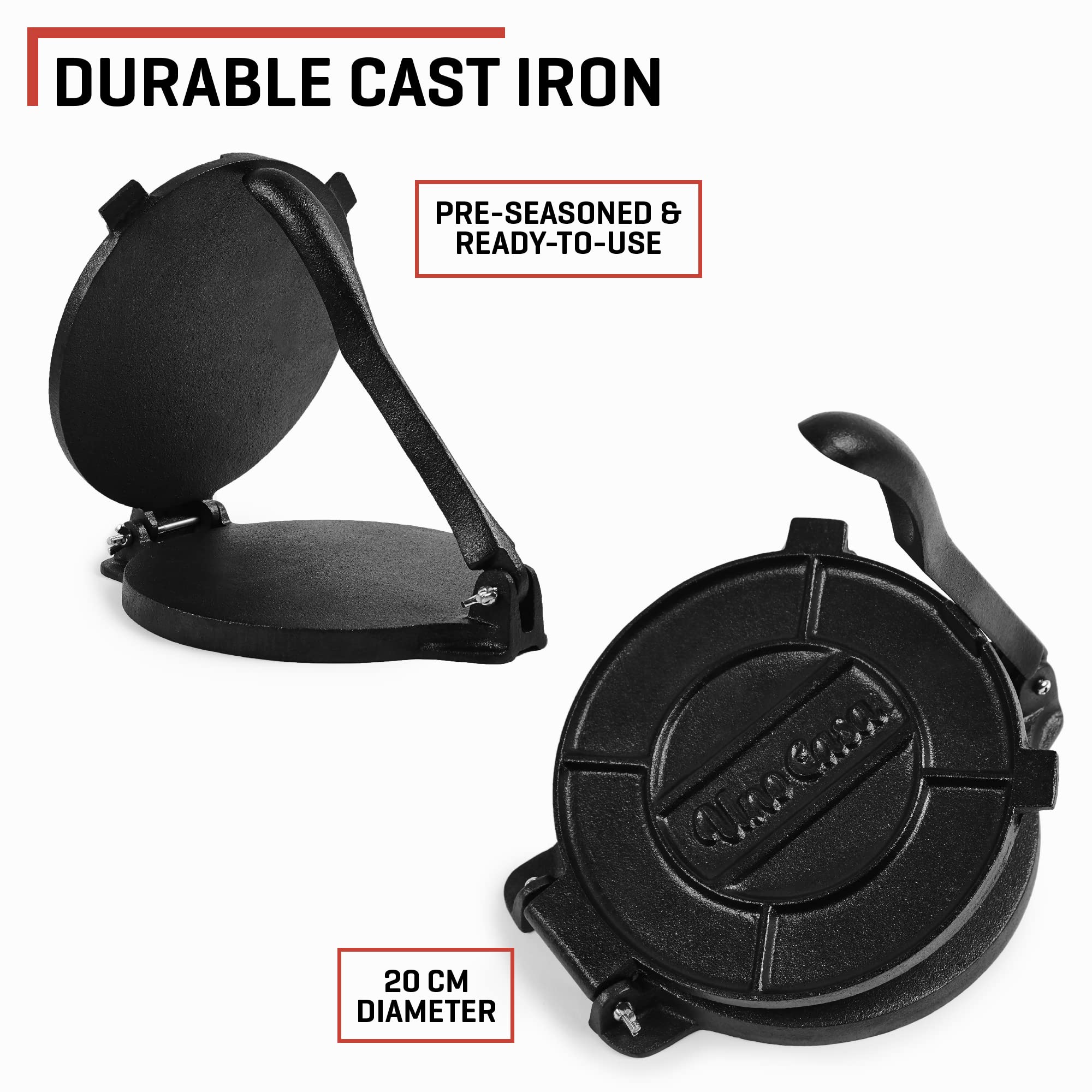 Uno Casa 8-Inch Cast Iron Tortilla Press – Pre-Seasoned Roti & Taco Maker