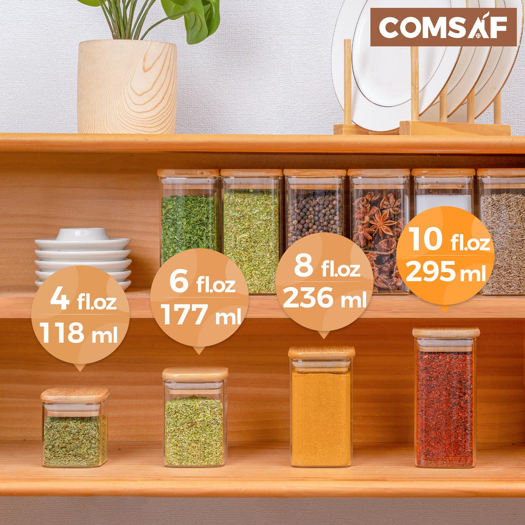 ComSaf 10oz Glass Spice Jars with Bamboo Lids - 12 Pack Square Containers