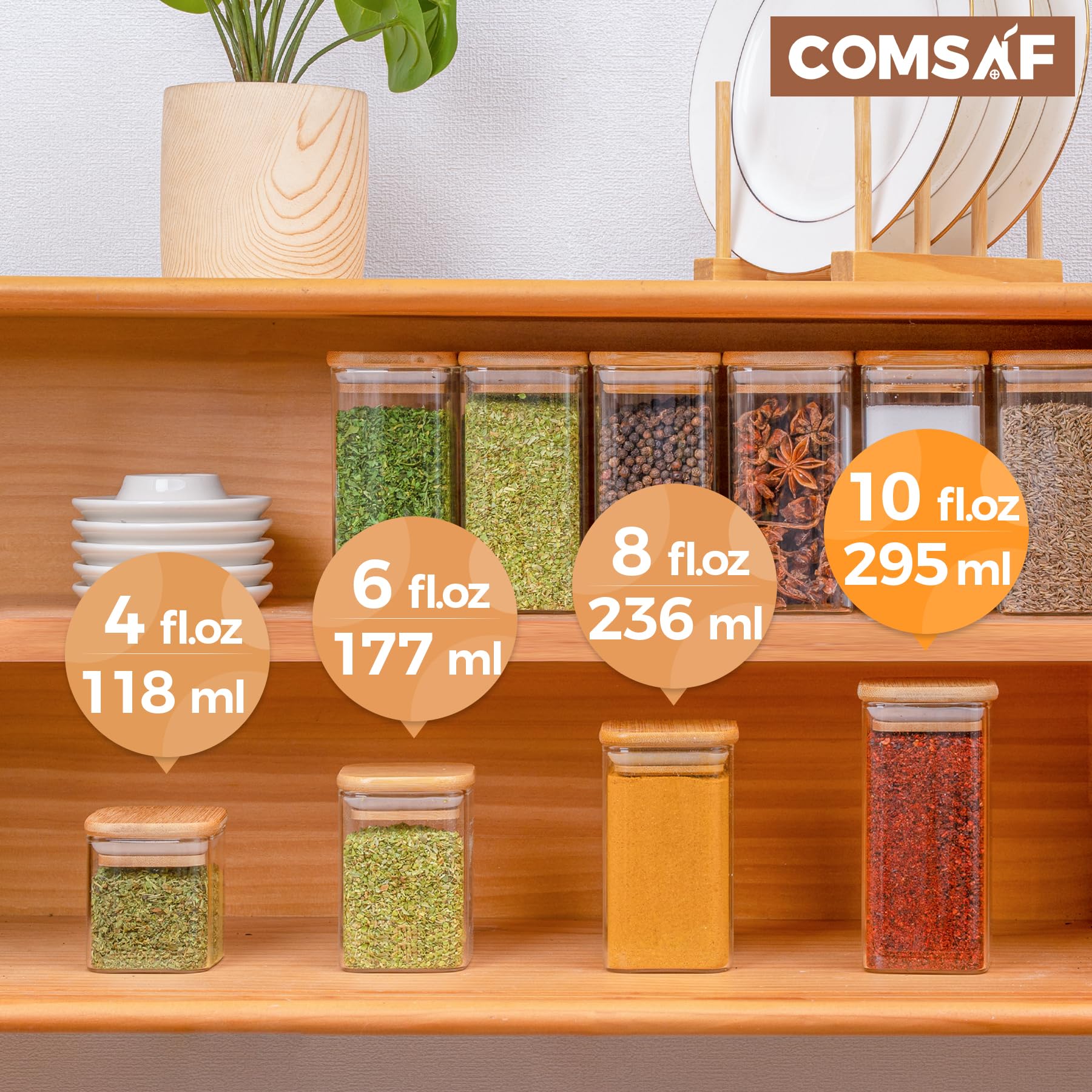 ComSaf 10oz Glass Spice Jars with Bamboo Lids - 12 Pack Square Containers