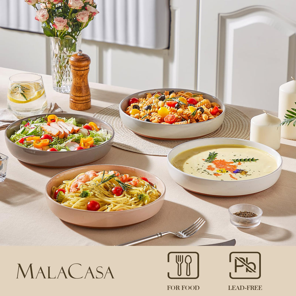 MALACASA Tara 48oz Ceramic Pasta Bowls - Set of 4 Large 9-Inch Bowls