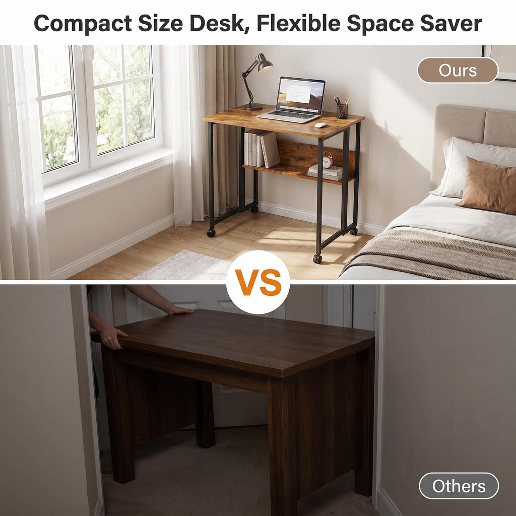 Fiutazge Folding Desk, Folding Desk with Wheels, Small Folding Computer Desk with Shelf, Side Table, Folding Table for Home Office, Industrial Design