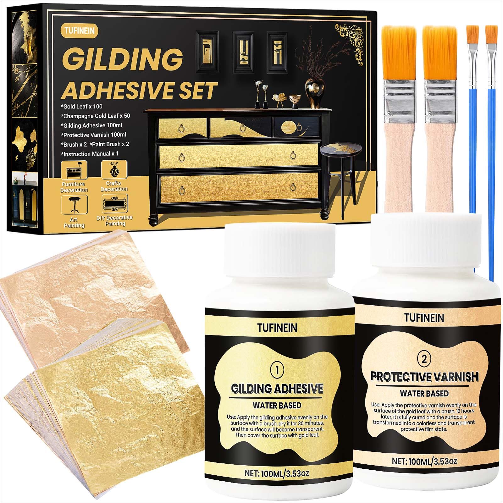 TUFINEIN Gold Leaf Gilding Kit – Water Based Adhesive and Varnish Set