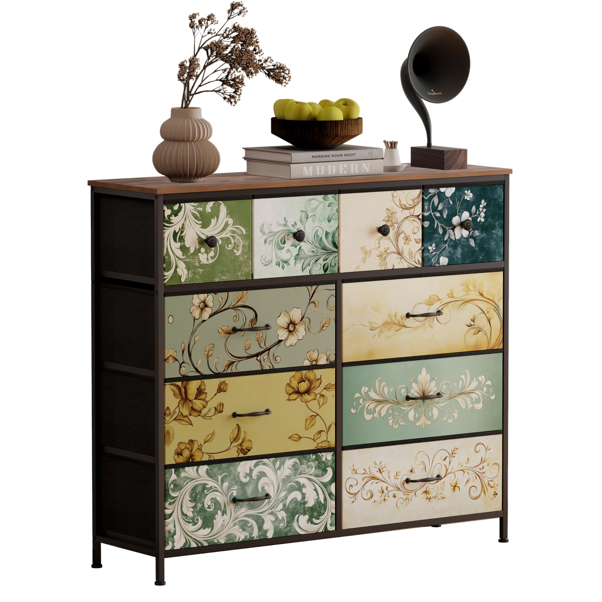 UnbYuro 10-Drawer Fabric Storage Dresser with Wood Top - Rustic Brown