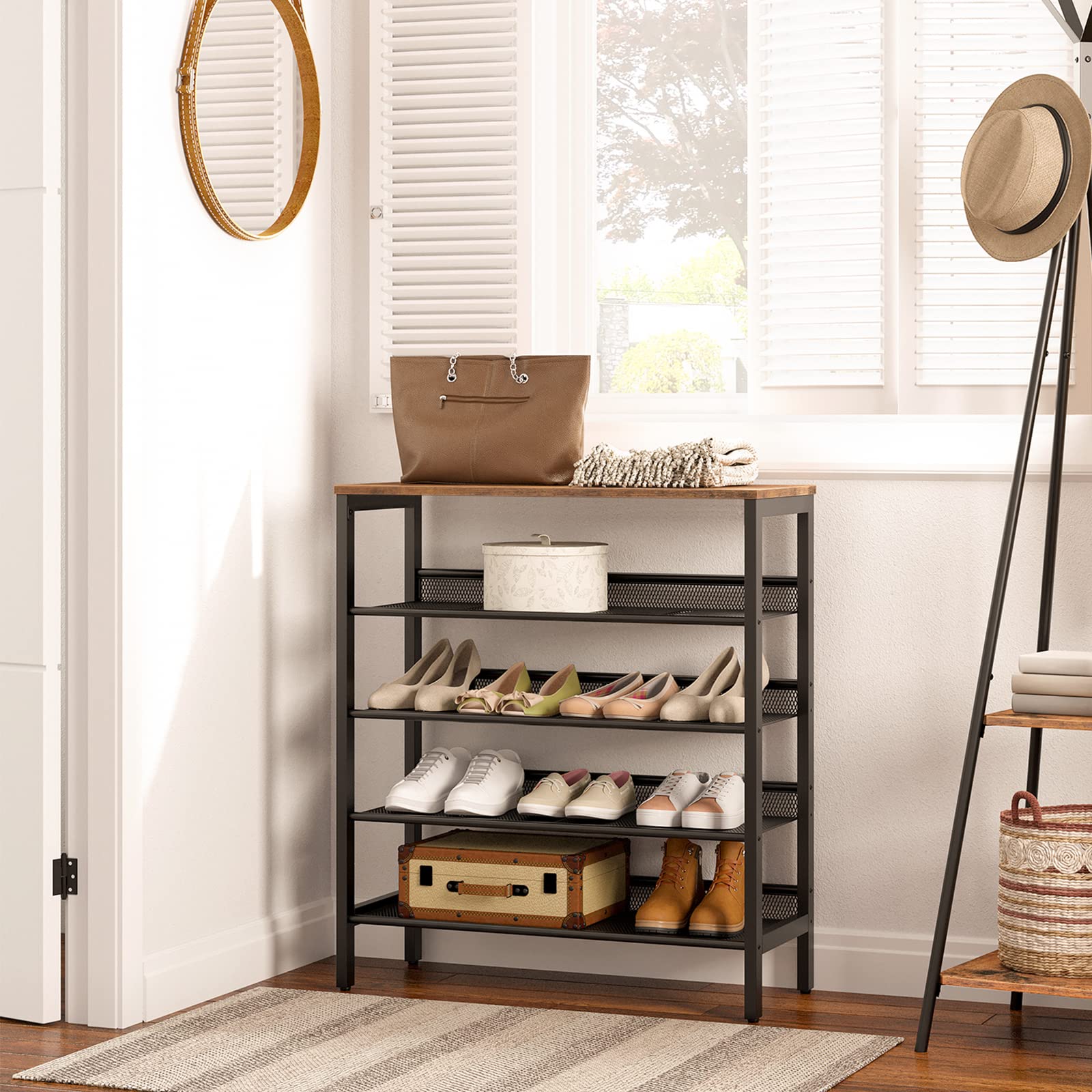 HOOBRO 5-Tier Shoe Rack – Industrial Rustic Brown Metal Storage Shelf