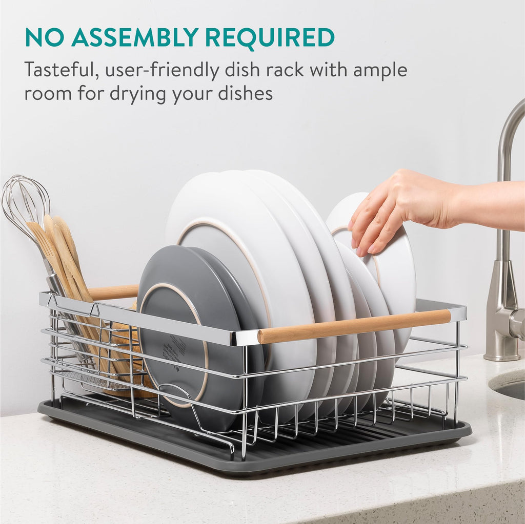 Navaris Compact Dish Drying Rack with Drip Tray and Wooden Handles – Silver