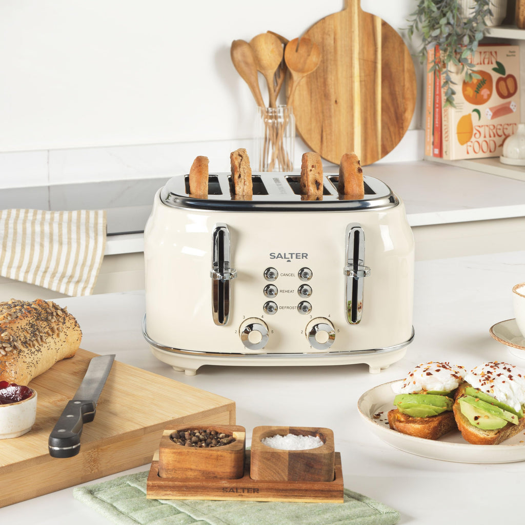 Salter Retro 4-Slice Toaster – Wide Slot Cream Toaster with 6 Levels