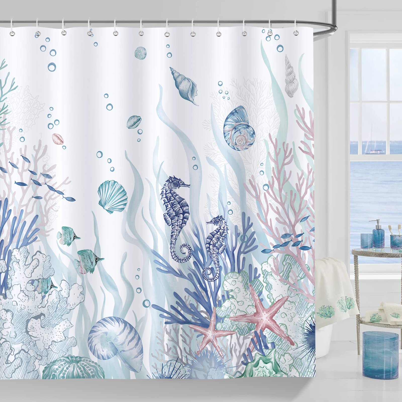 Bonhause Nautical Coastal Shower Curtain | Blue Coral & Seahorse | 180x180cm