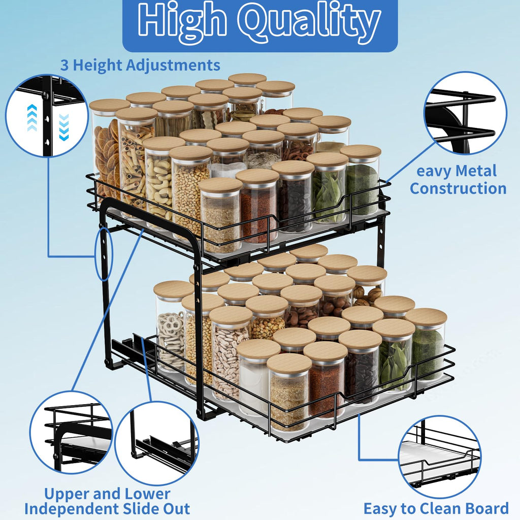 AIRUJIA Pull Out Cabinet Organizer – 2-Tier Metal Adjustable Spice Rack