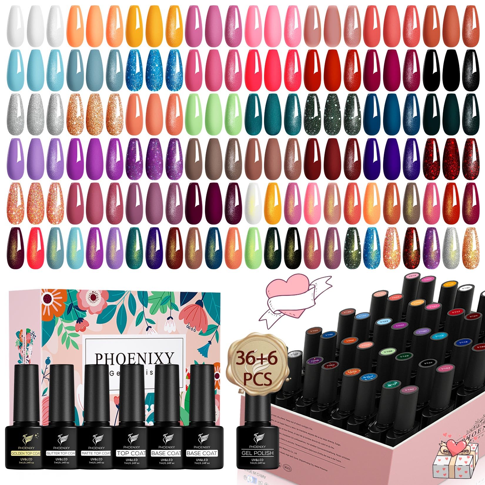 Phoenixy 42 Pcs Gel Nail Polish Set – 36 Colors UV LED Soak Off Kit