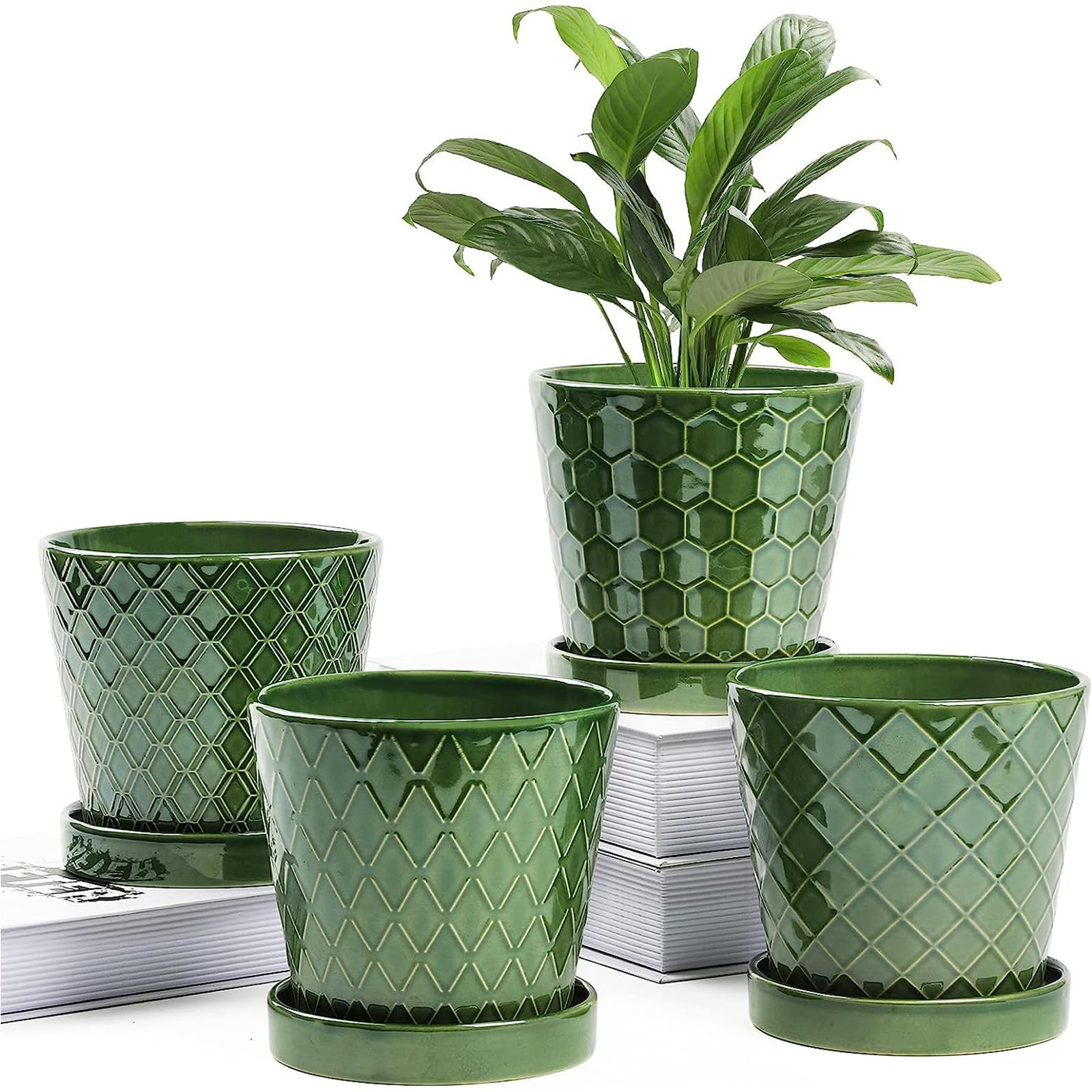 Jolof Store 5-Inch Ceramic Plant Pots with Drainage Hole and Tray – 4 Pack