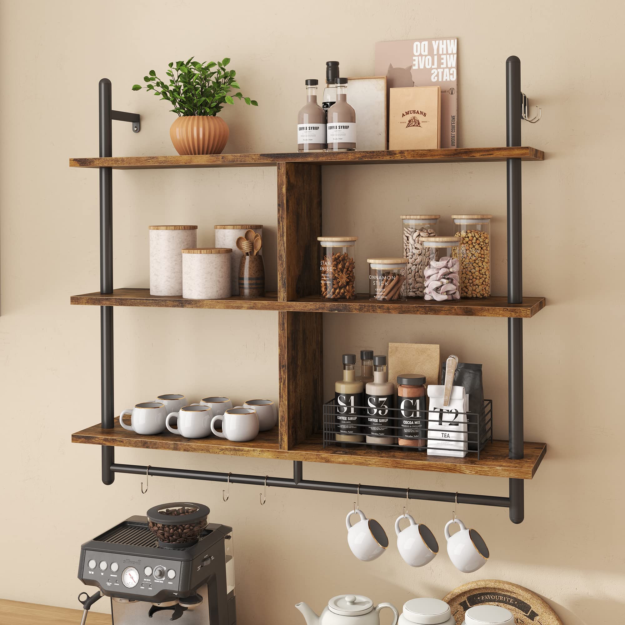 Bestier 115CM Industrial Pipe Shelving | 3-Tier Wall Mounted Ladder Shelf