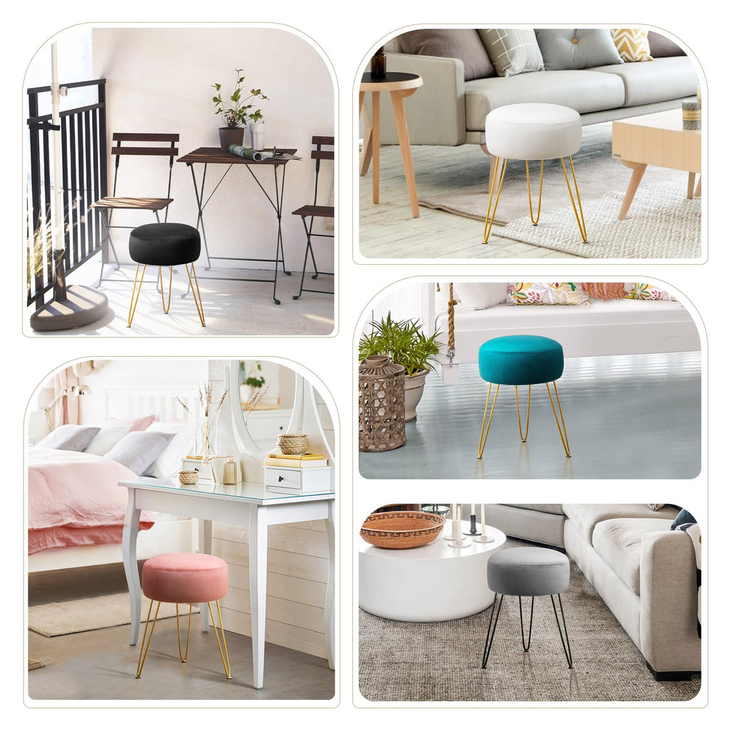 LUE BONA Velvet Round Stool Dressing Table Stool, Makeup Vanity Stool, Ottoman Padded Stool Metal Legs Support, White