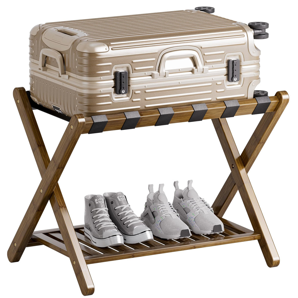 SMIBUY Foldable Bamboo Luggage Rack with Storage Shelf - Walnut