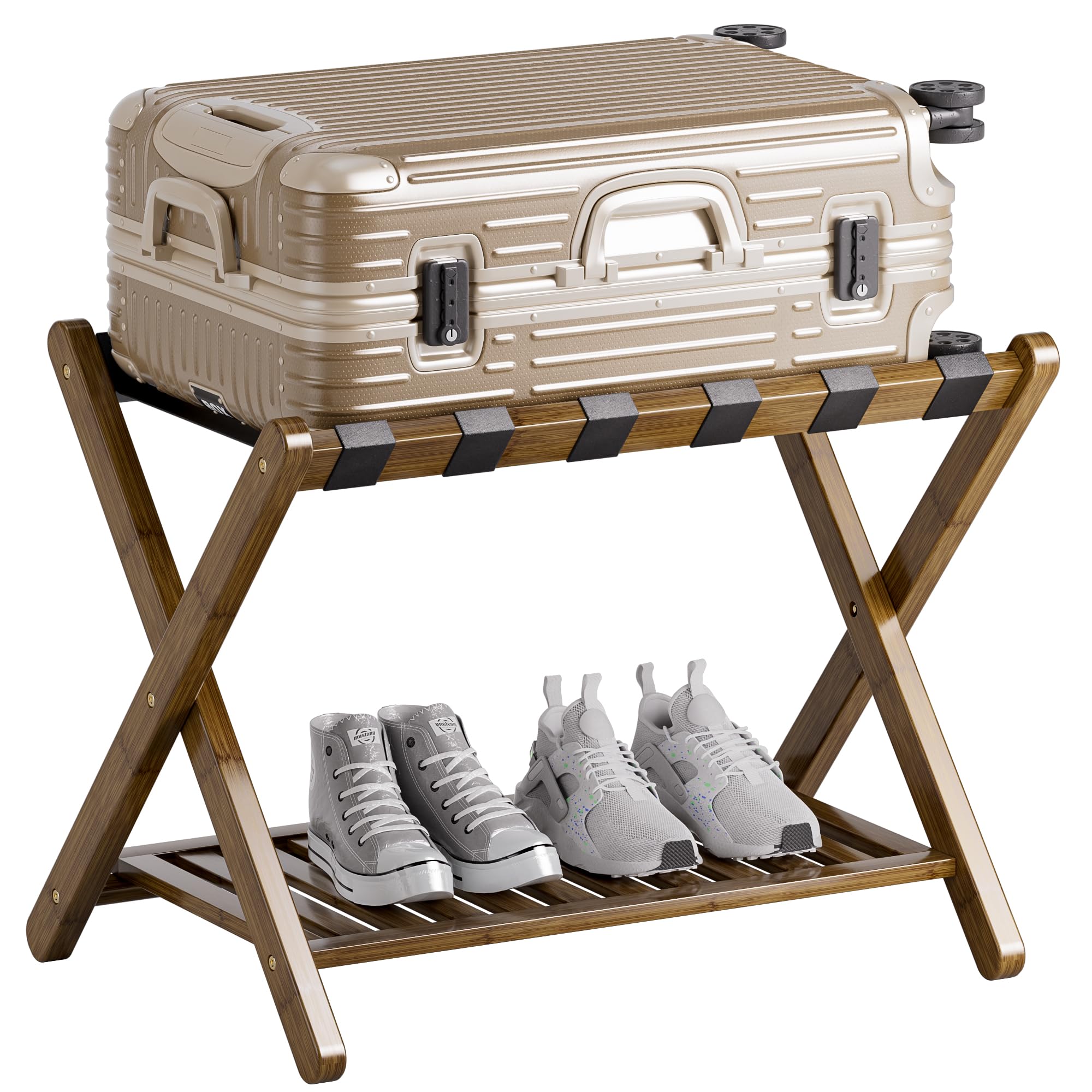 SMIBUY Foldable Bamboo Luggage Rack with Storage Shelf - Walnut