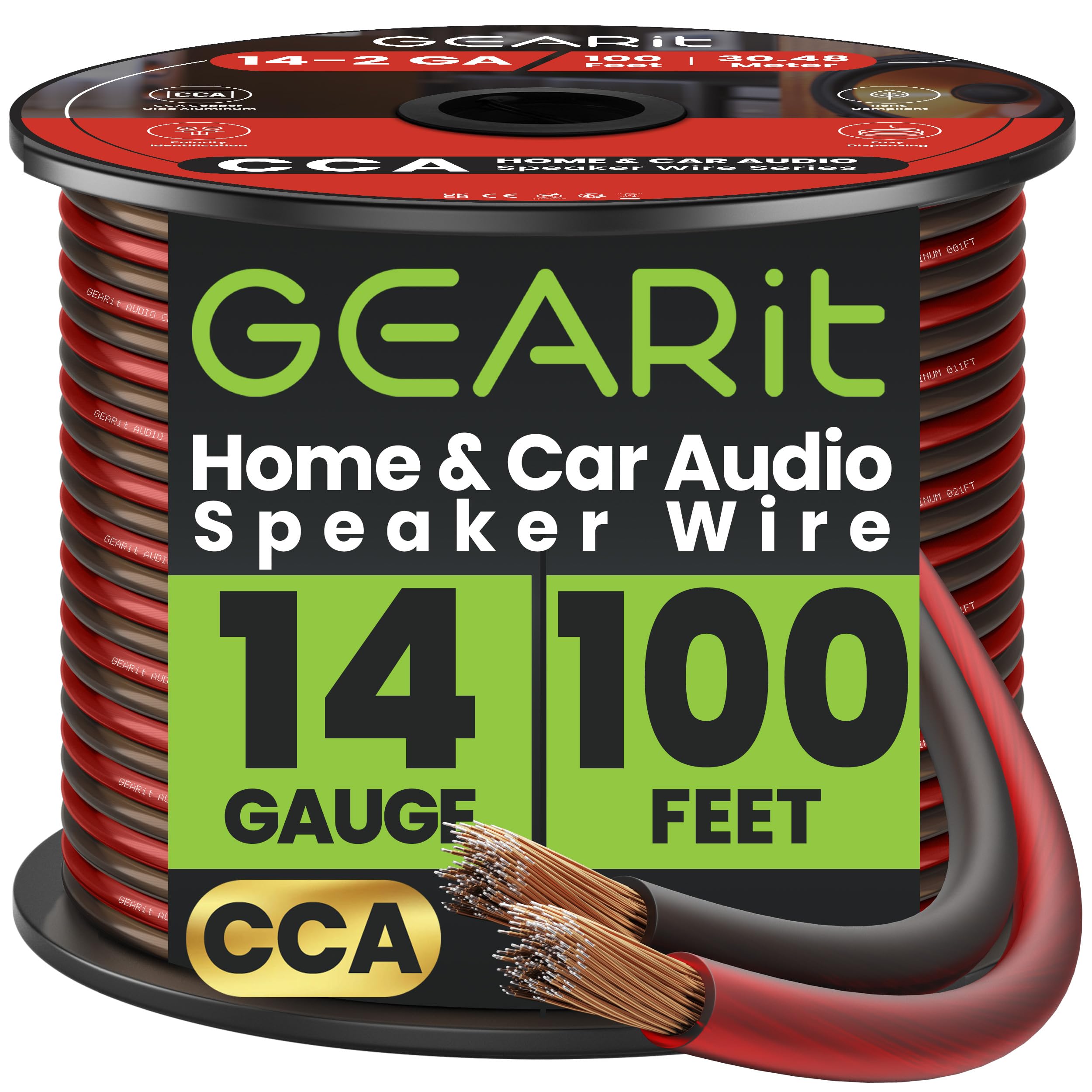 GearIT 14 Gauge Speaker Wire – 100ft Black CCA Audio Cable for Home Theater