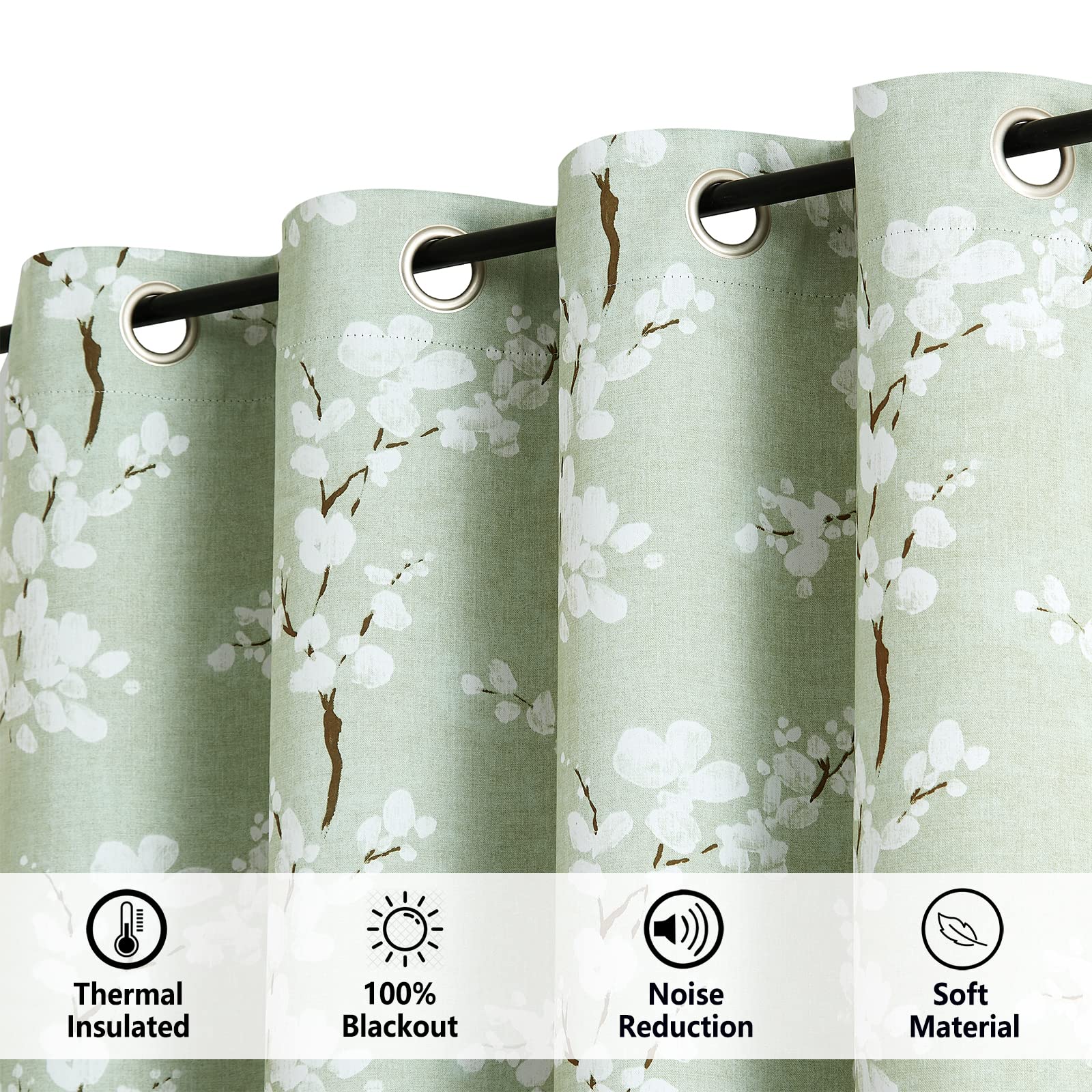 Fmfunctex Green Floral Blackout Curtains - 90 Inch Thermal Eyelet Drapes