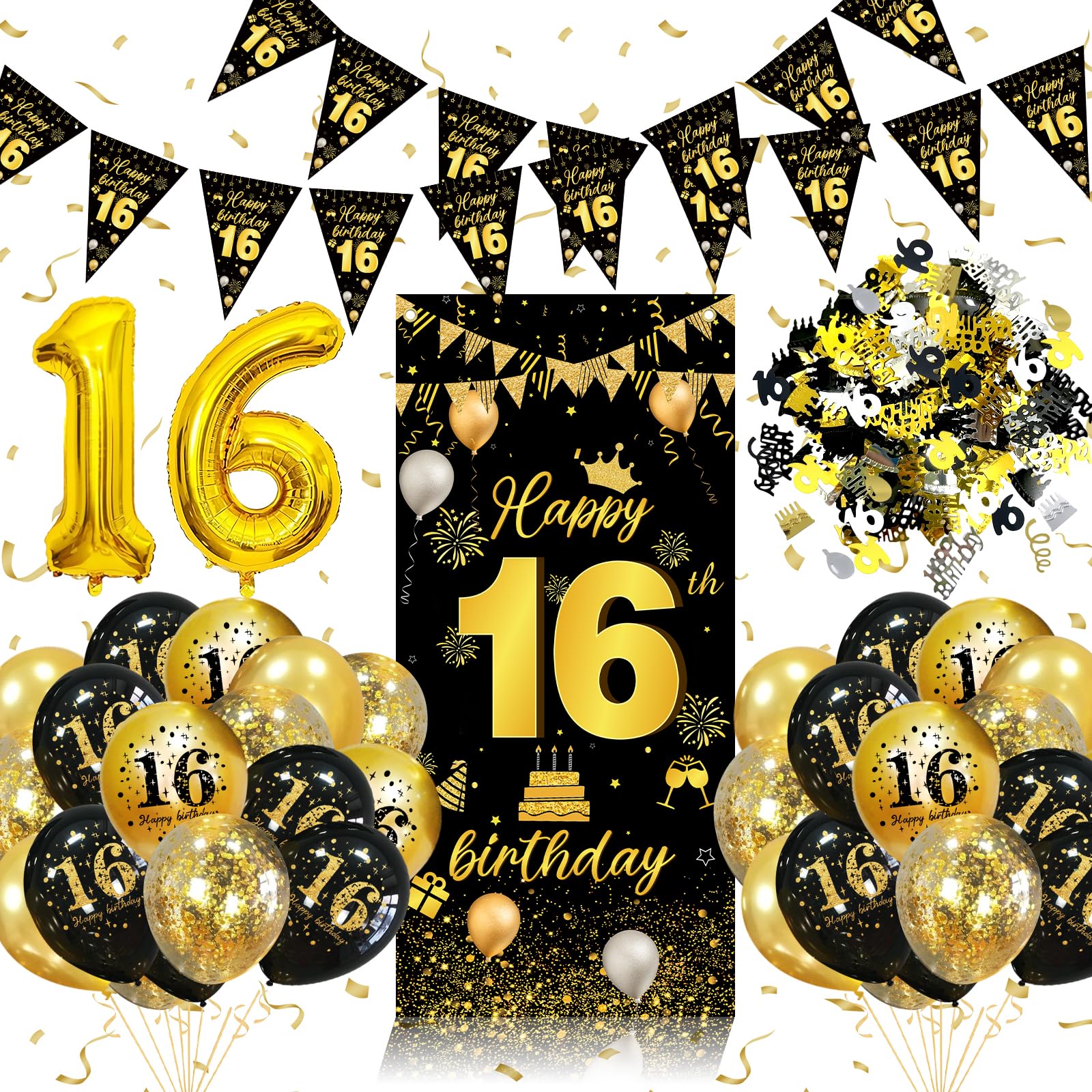 Jolof Store 16th Birthday Decorations - Black Gold Balloon & Banner Kit