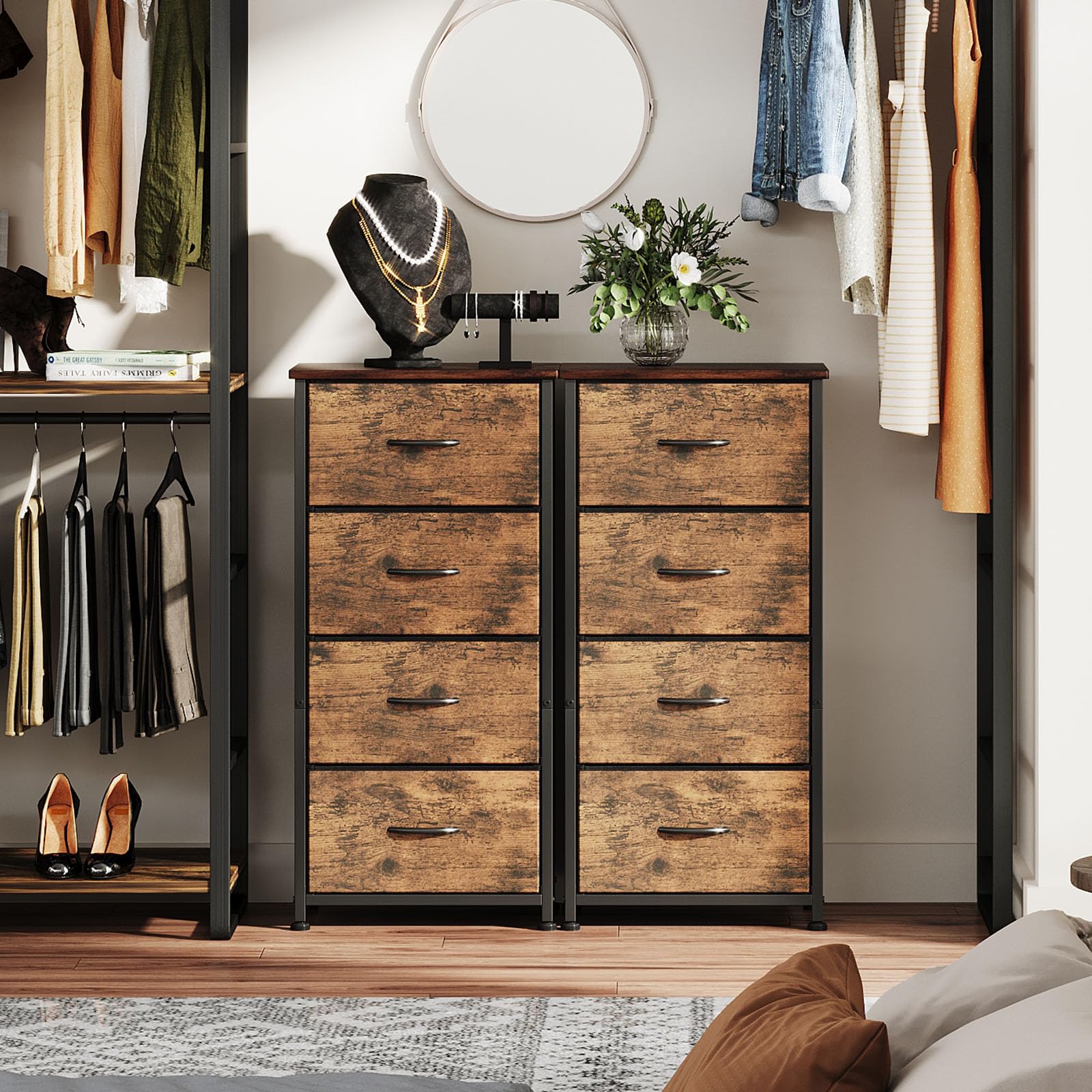 Jolof Store 4-Drawer Chest – Rustic Brown Tall Dresser with Curved Edges