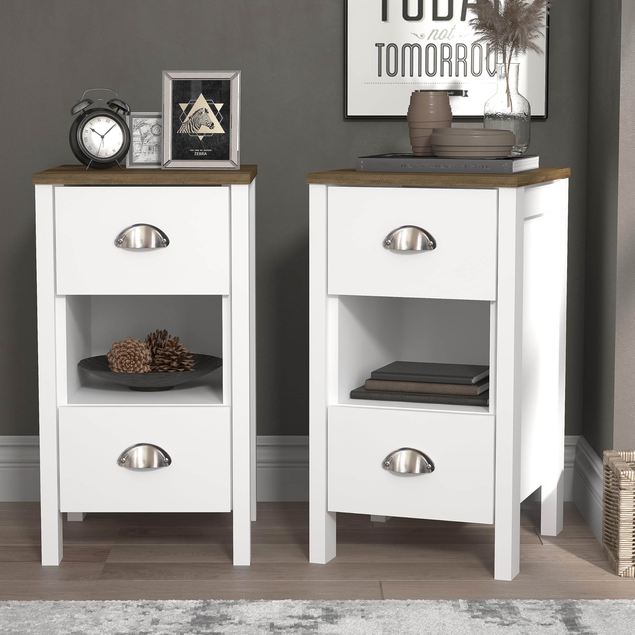 Galano Gemma Set of 2 Bedside Tables - 2 Drawer Storage - White/Oak