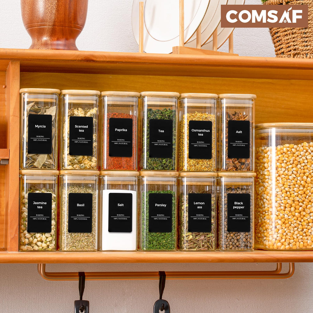 ComSaf 10oz Glass Spice Jars with Bamboo Lids - 12 Pack Square Containers