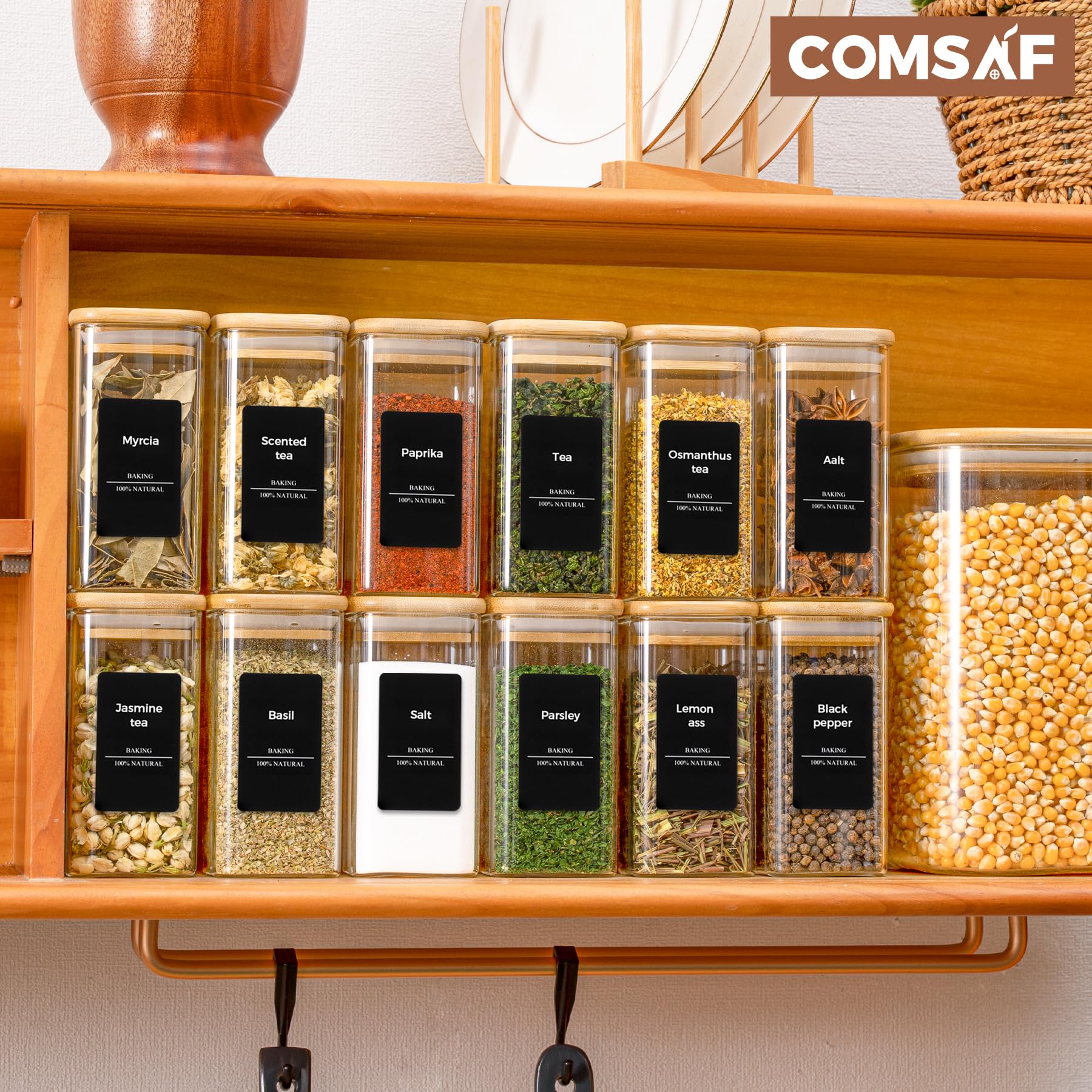 ComSaf 10oz Glass Spice Jars with Bamboo Lids - 12 Pack Square Containers