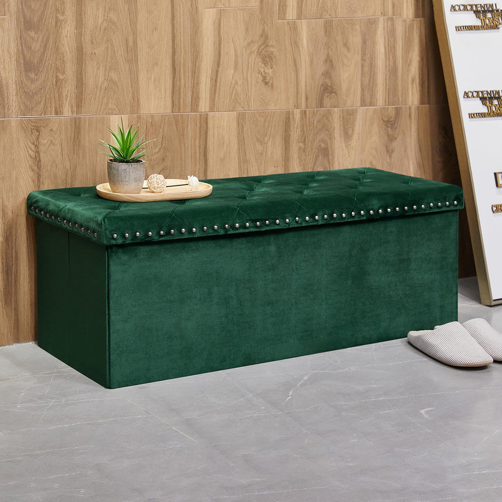 Bonlife Velvet Folding Storage Ottoman Bench – Dark Green, 110cm