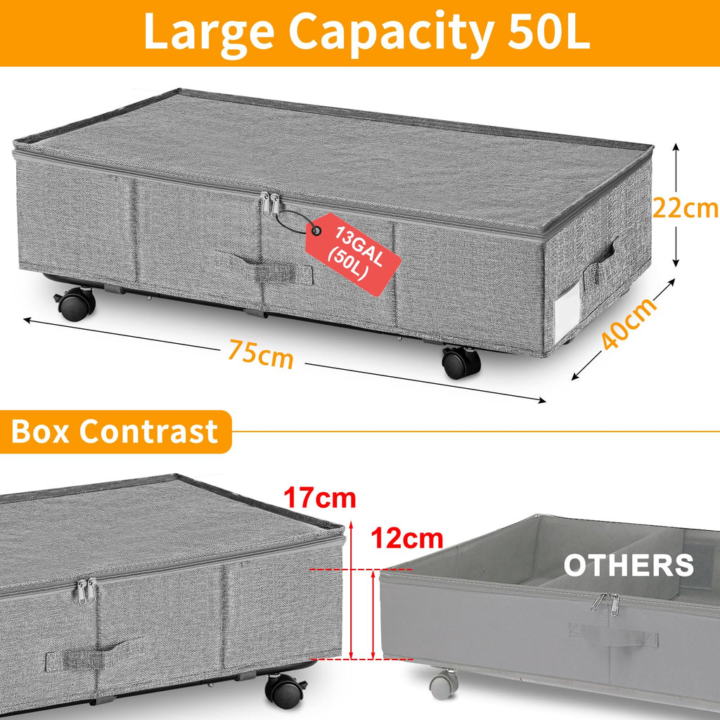 JUPELI Under Bed Storage on Wheels | 50L Foldable Rolling Organiser | 2 Pack
