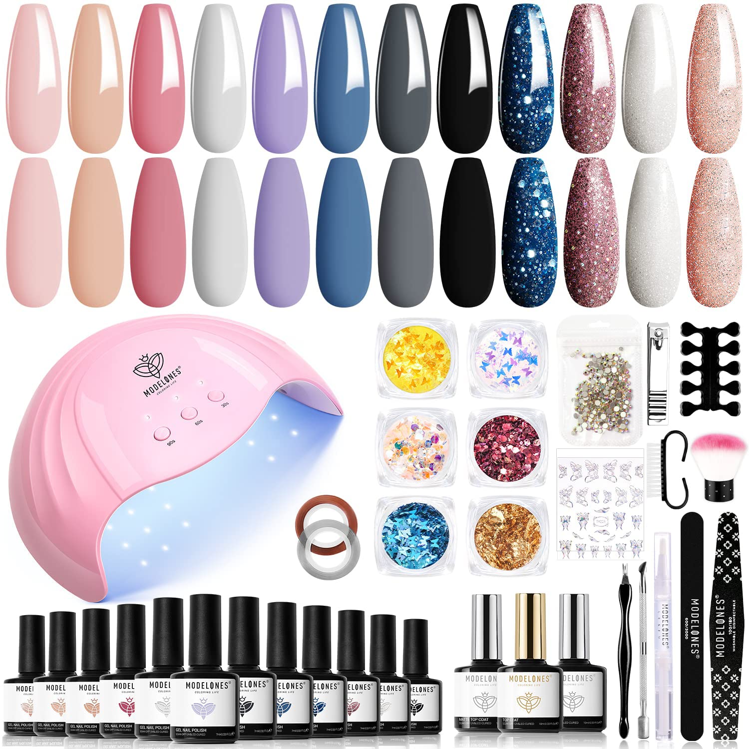 Modelones Gel Nail Polish Kit with 48W UV Lamp – 12 Colors Starter Set