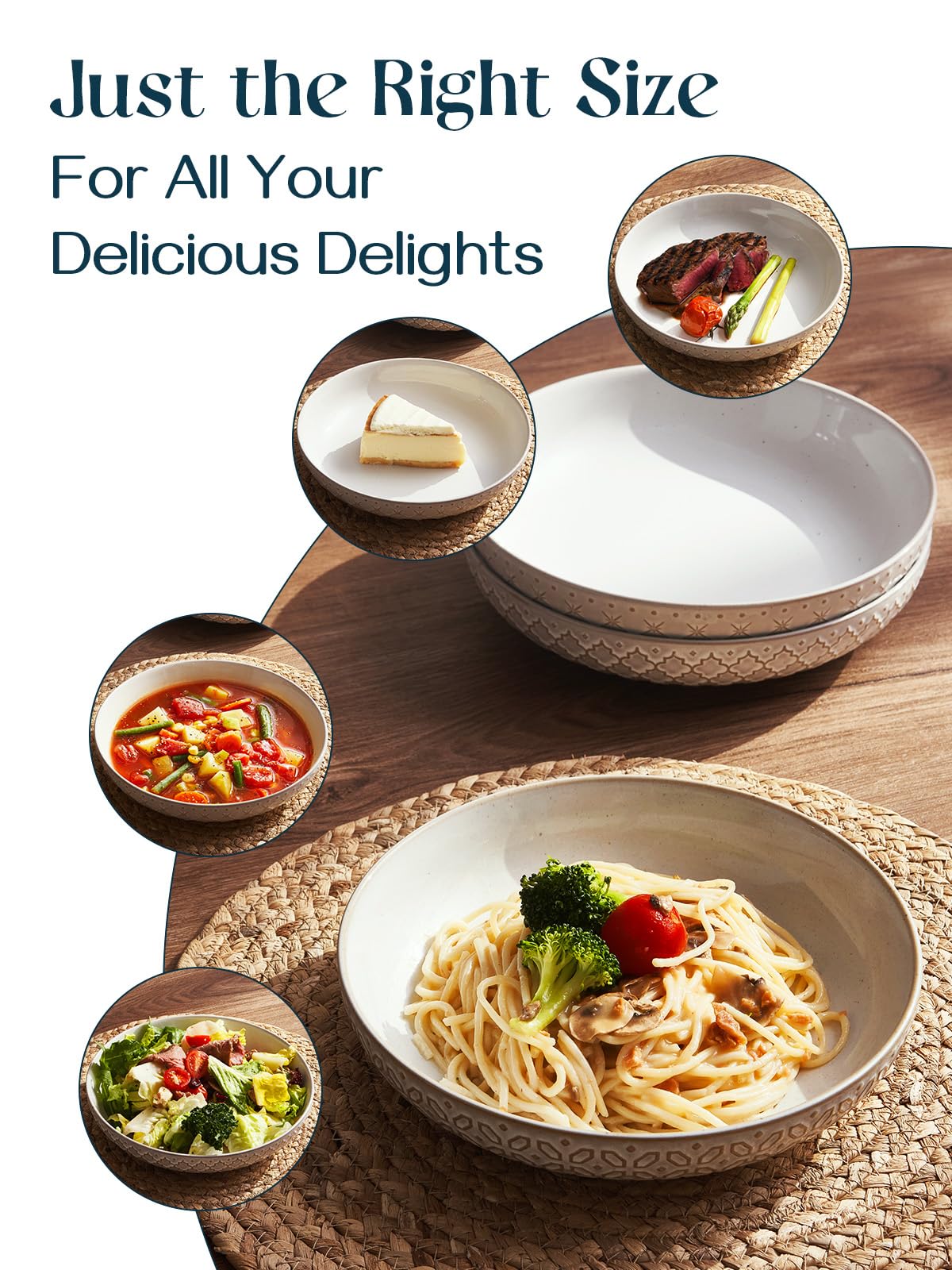 Pasta Bowls Set of 4 – 1020ml Embossed Stoneware Salad Plates