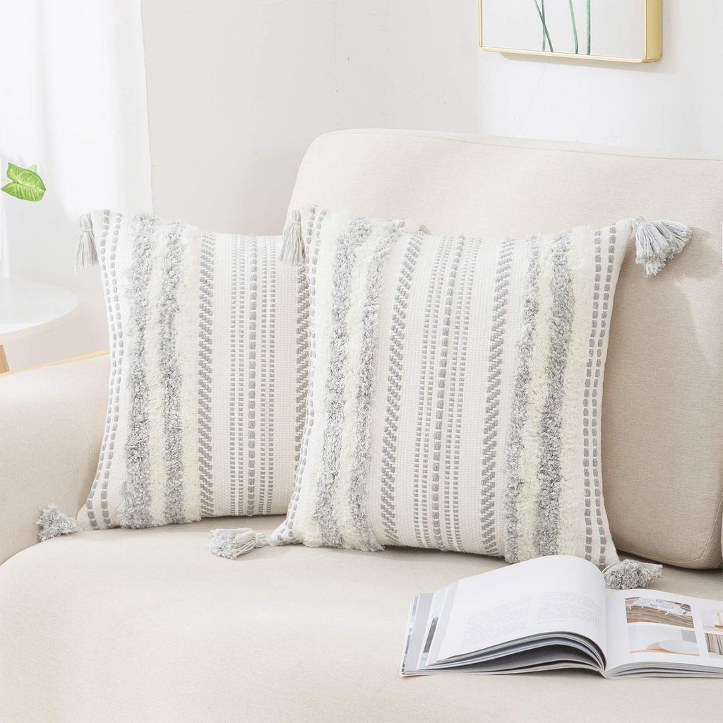 decorUhome Boho Grey Cushion Covers – Set of 2 Tufted Tassel Pillow Cases