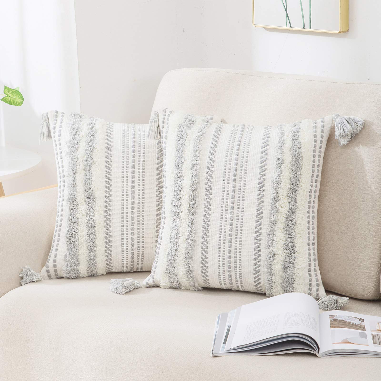 decorUhome Boho Grey Cushion Covers – Set of 2 Tufted Tassel Pillow Cases