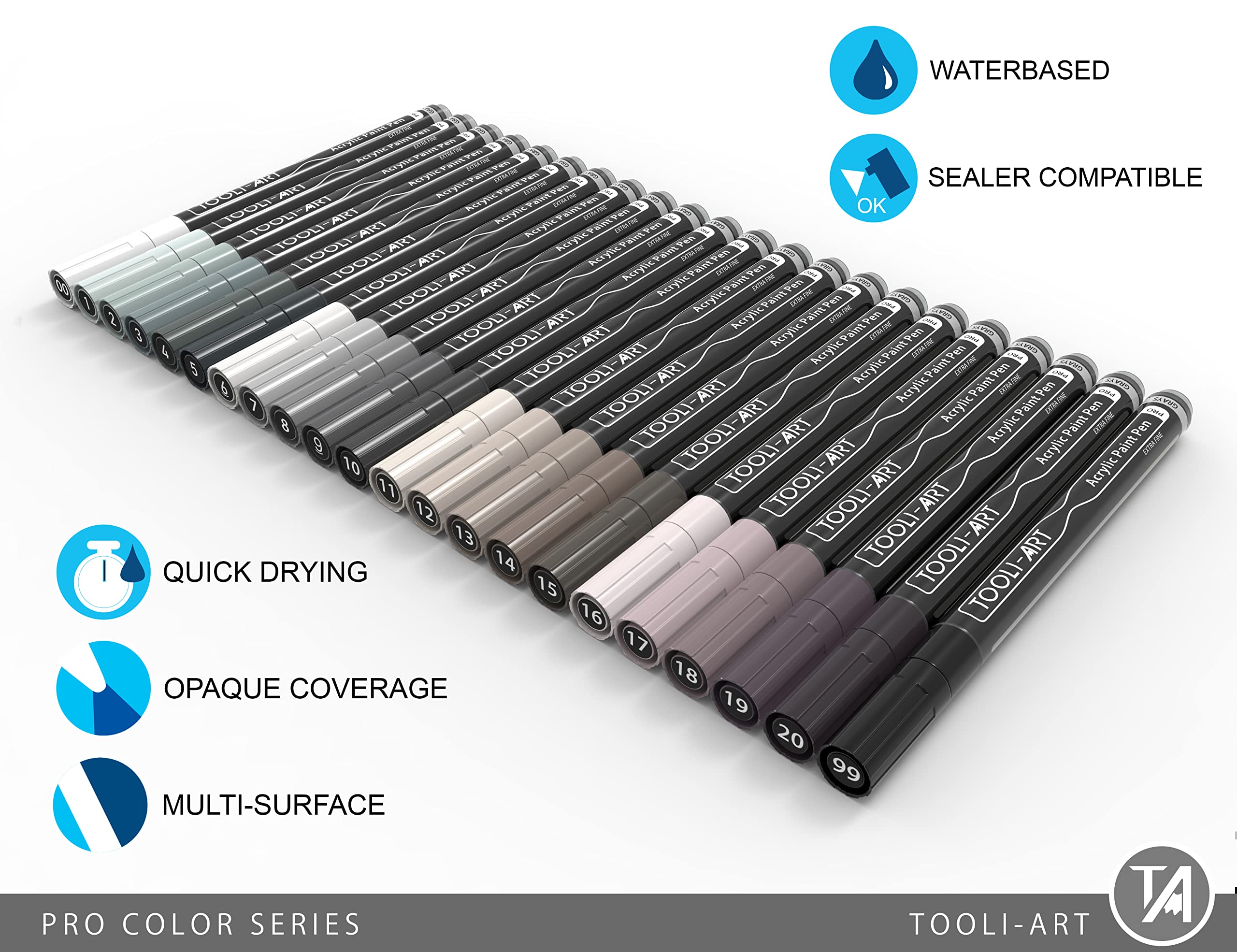 22 Gray Tone Acrylic Paint Pens | 0.7mm Extra Fine Tip Markers
