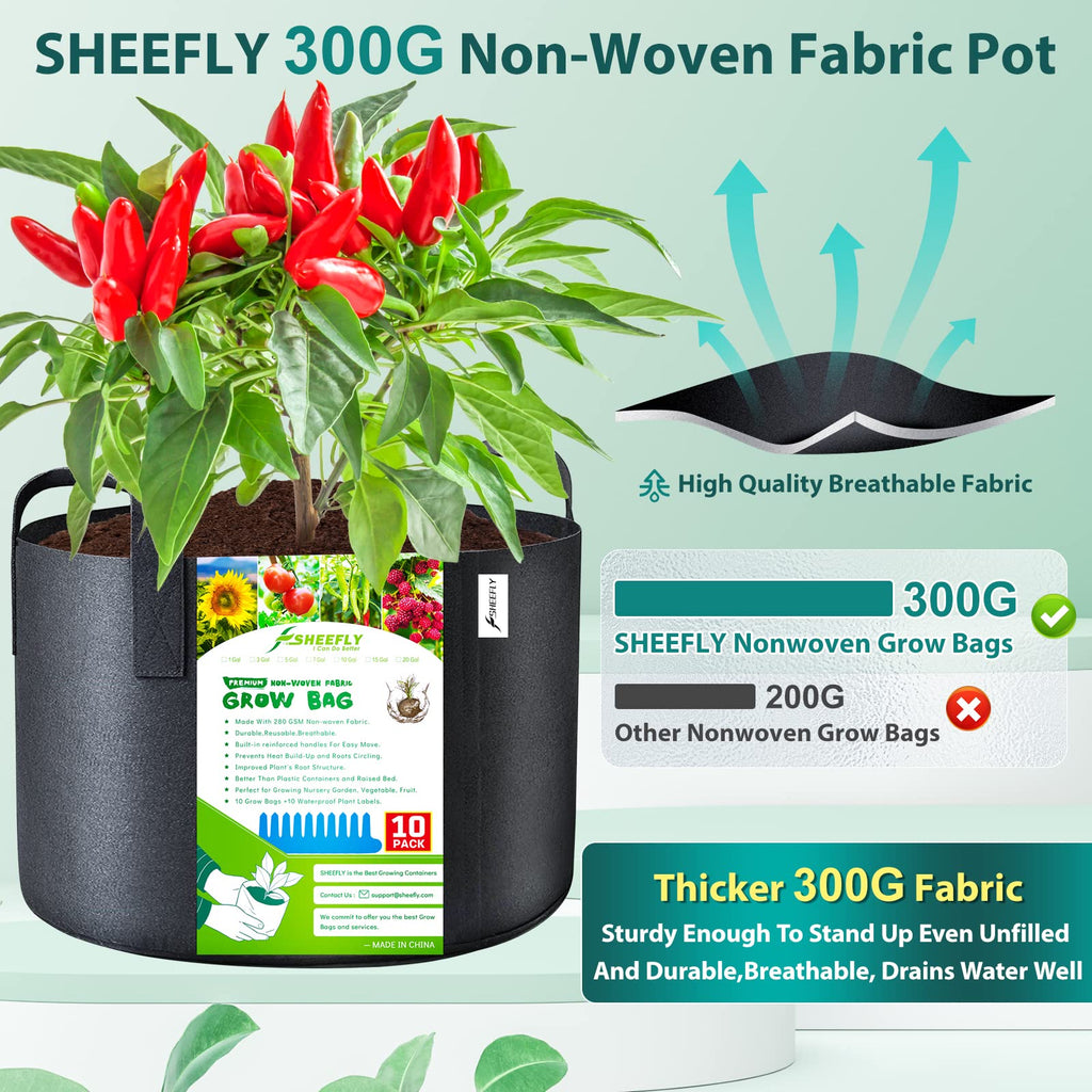 SHEEFLY 15 Gallon Grow Bags - 10 Pack Non-Woven Fabric Pots with Handles