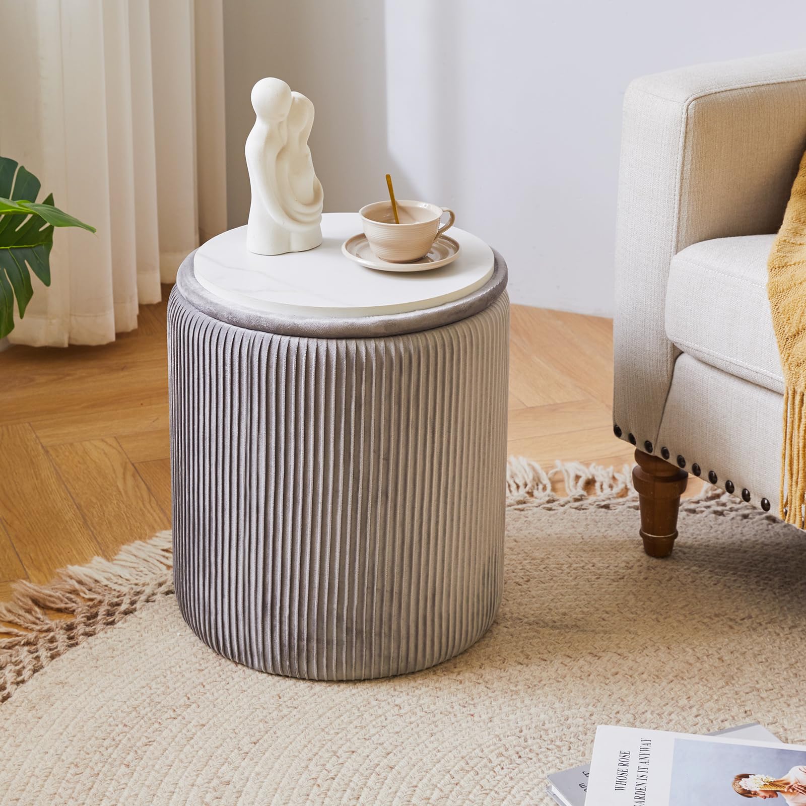 IBUYKE Set of 2 Round Storage Ottoman | Velvet Vanity Stool - Gray