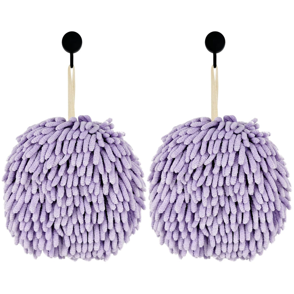 Fuzzy Ball Hand Towels, Set of 2, Chenille Quick Dry, 6.9inchPurple